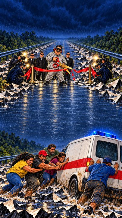 Ilustración de Santo Ruidos: vecinos empujan una ambulancia por una carretera inundada mientras unos funcionarios cortan una cinta