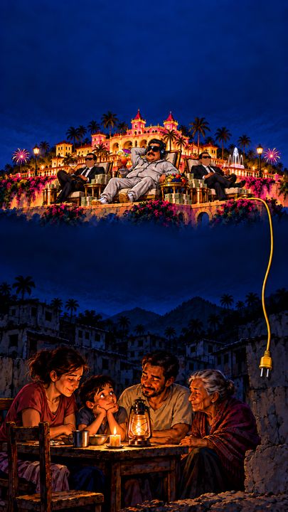Ilustración de Santo Ruidos: una familia cena a la luz de una vela mientras arriba los poderosos festejan en un castillo iluminado